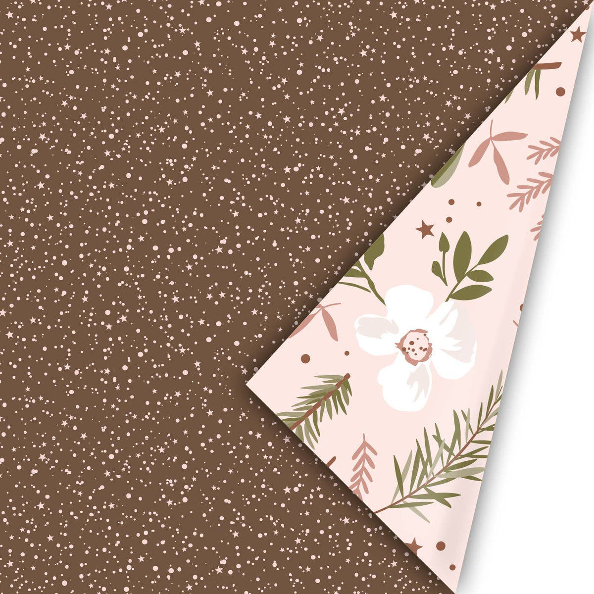 Braune Weihnachtsgeschenkpapier mit Sternen und floralem Muster auf der Rückseite.