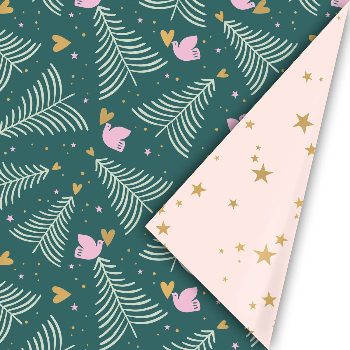 Dunkelgrünes Geschenkpapier mit Tannen, Tauben und Herzen - Rückseite ist rosa mit goldenen Herzen.