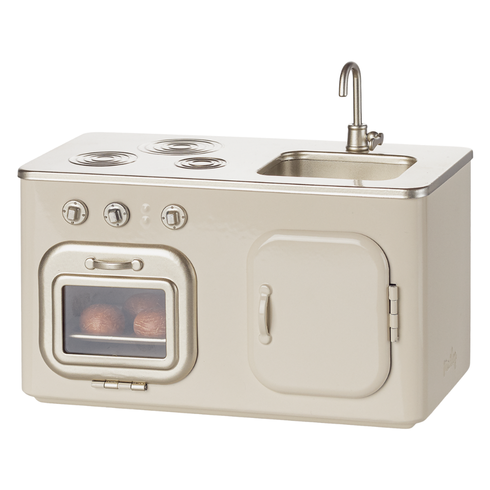 Cremfarbene Miniatur Metallküche mit Backofen, Herd und Spülbecken von Maileg