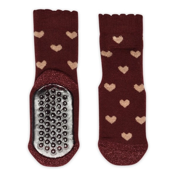 Dunkelrote Stopper Socken mit Glitzer und beigen Herzen