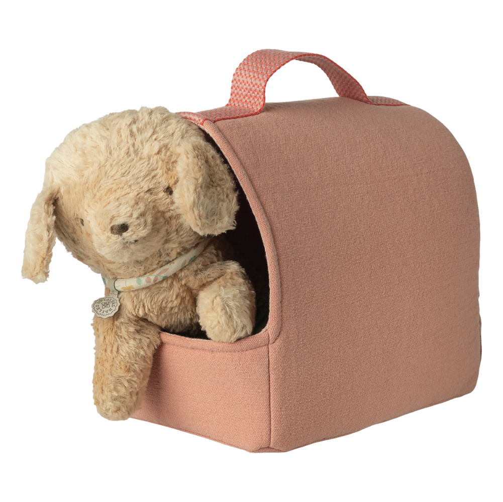 Rosa Transportbox aus Stoff von Maileg für kleine Hunde, Katzen und Hasen aus Plüsch