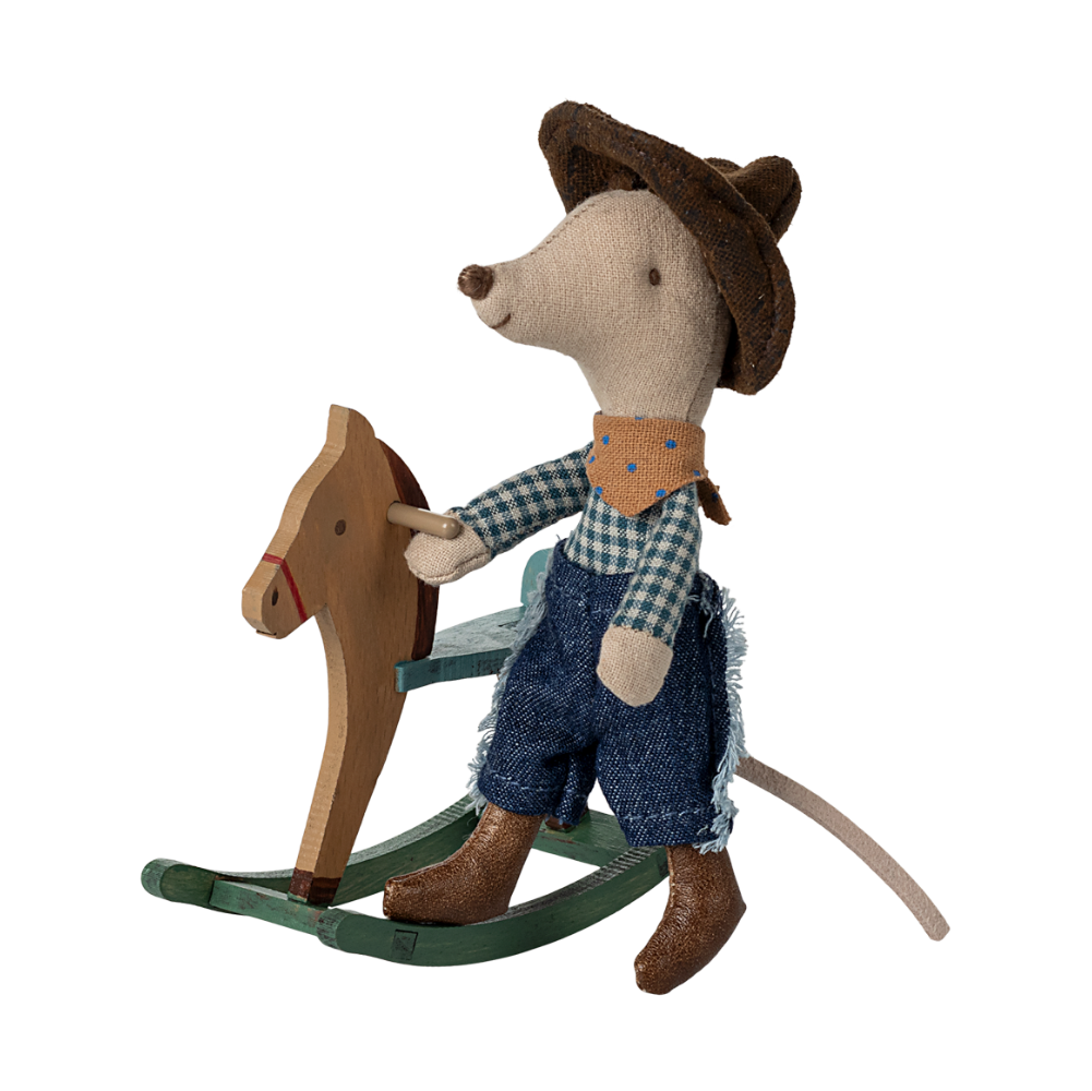 Maileg Cowboy Maus auf Schaukelpferd