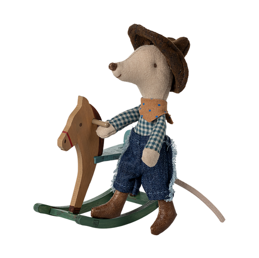 Maileg Cowboy Maus auf Schaukelpferd