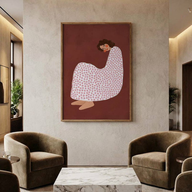 Poster „Zusammengerollte Frau im gepunkteten Kleid“ – Motiv von Bea 