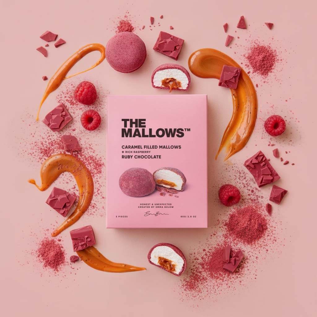 The Mallows Gefüllte Marshmallows / Karamell & Ruby-Schokolade