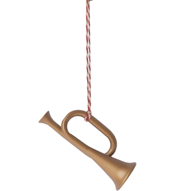 Goldener Trompeten-Weihnachtsanhänger aus Metall mit rotem Band.