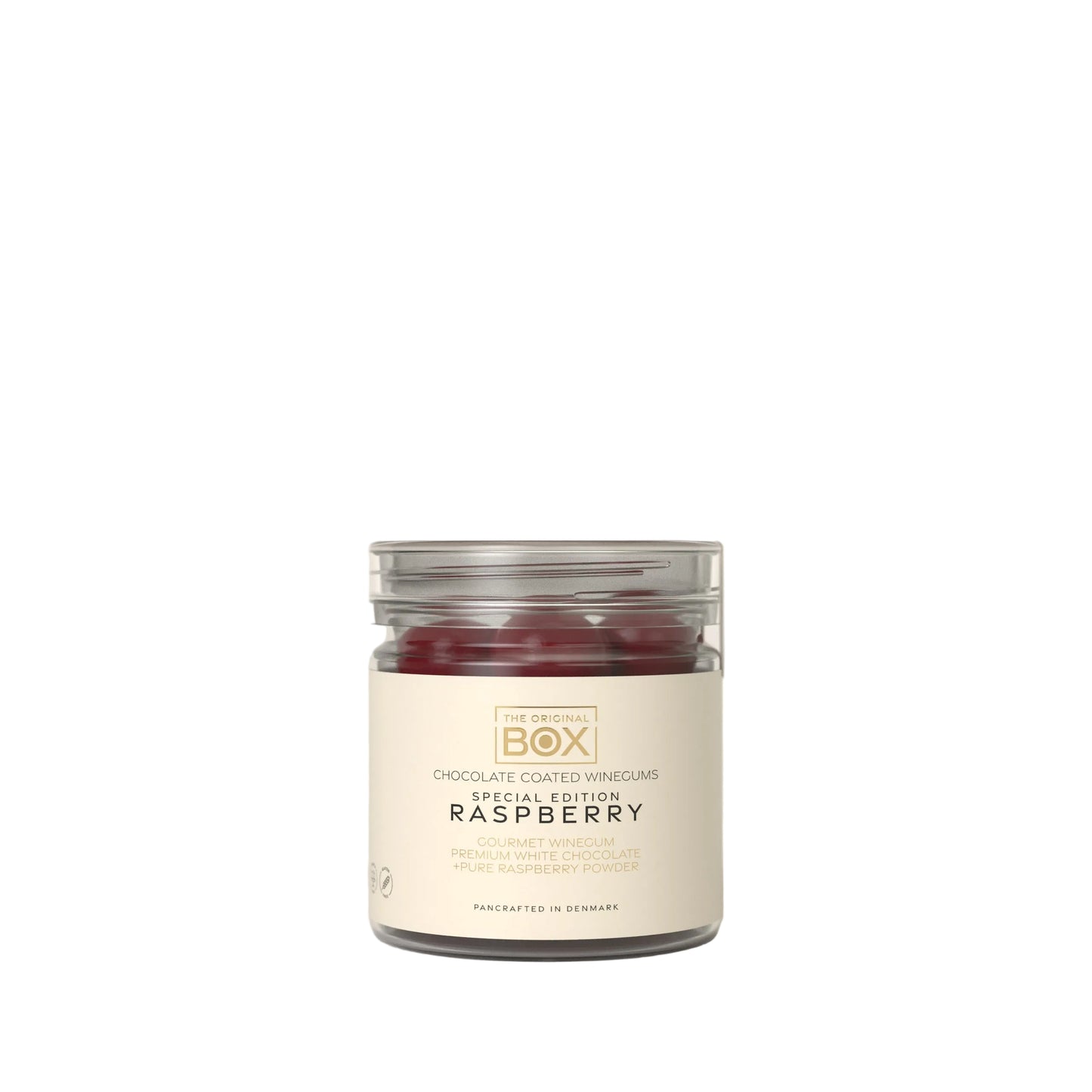 Fruchtgummi mit Schokolade und Himbeerpulver in einer Geschenkdose