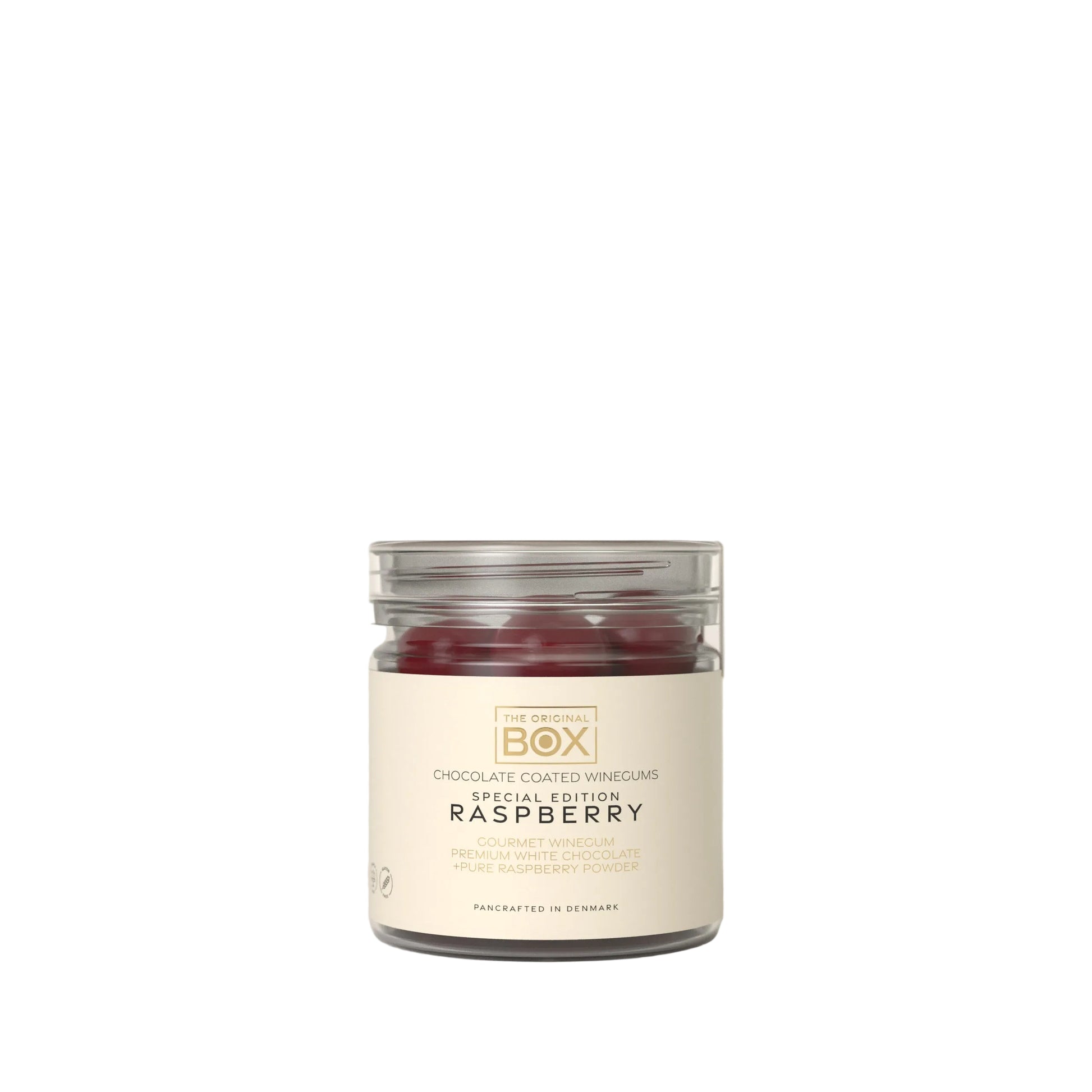 Fruchtgummi mit Schokolade und Himbeerpulver in einer Geschenkdose