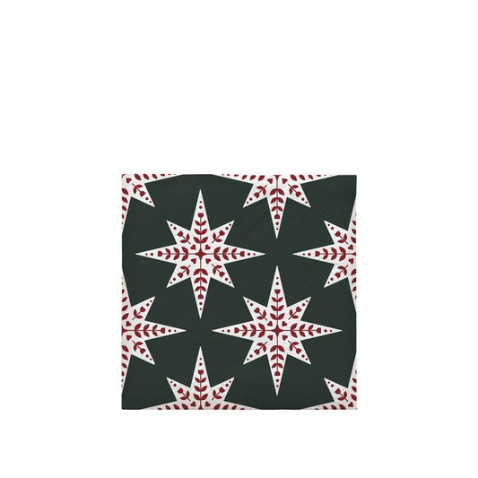 Dunkelgrüne Weihnachtsservietten von Broste Copenhagen mit weißen, rot gemusterten Sternen.