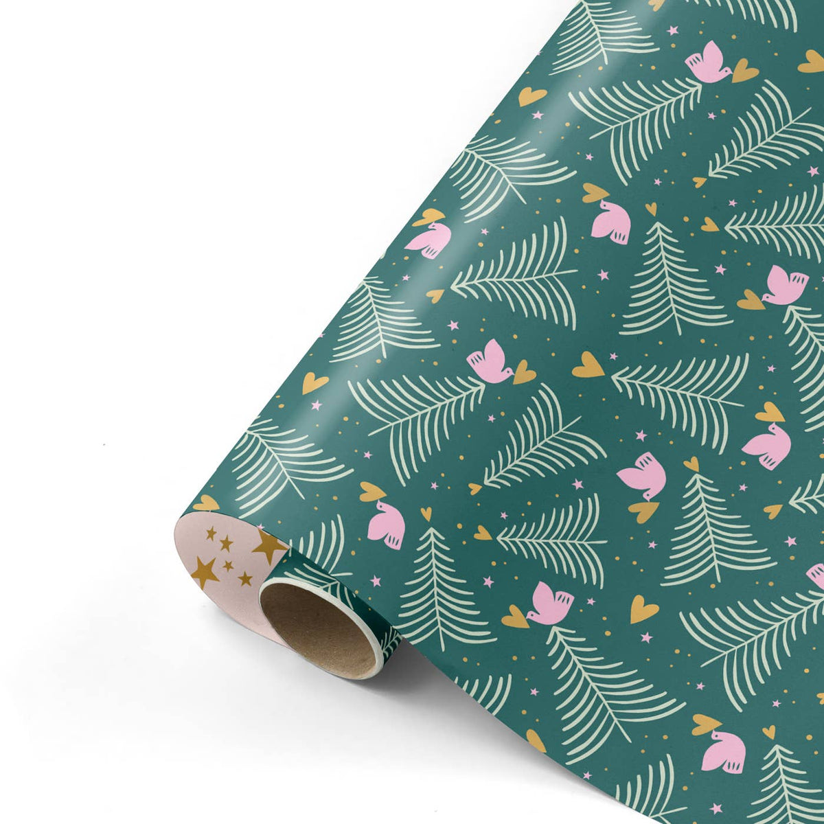 Dunkelgrünes Geschenkpapier mit Tannen, Tauben und Herzen.