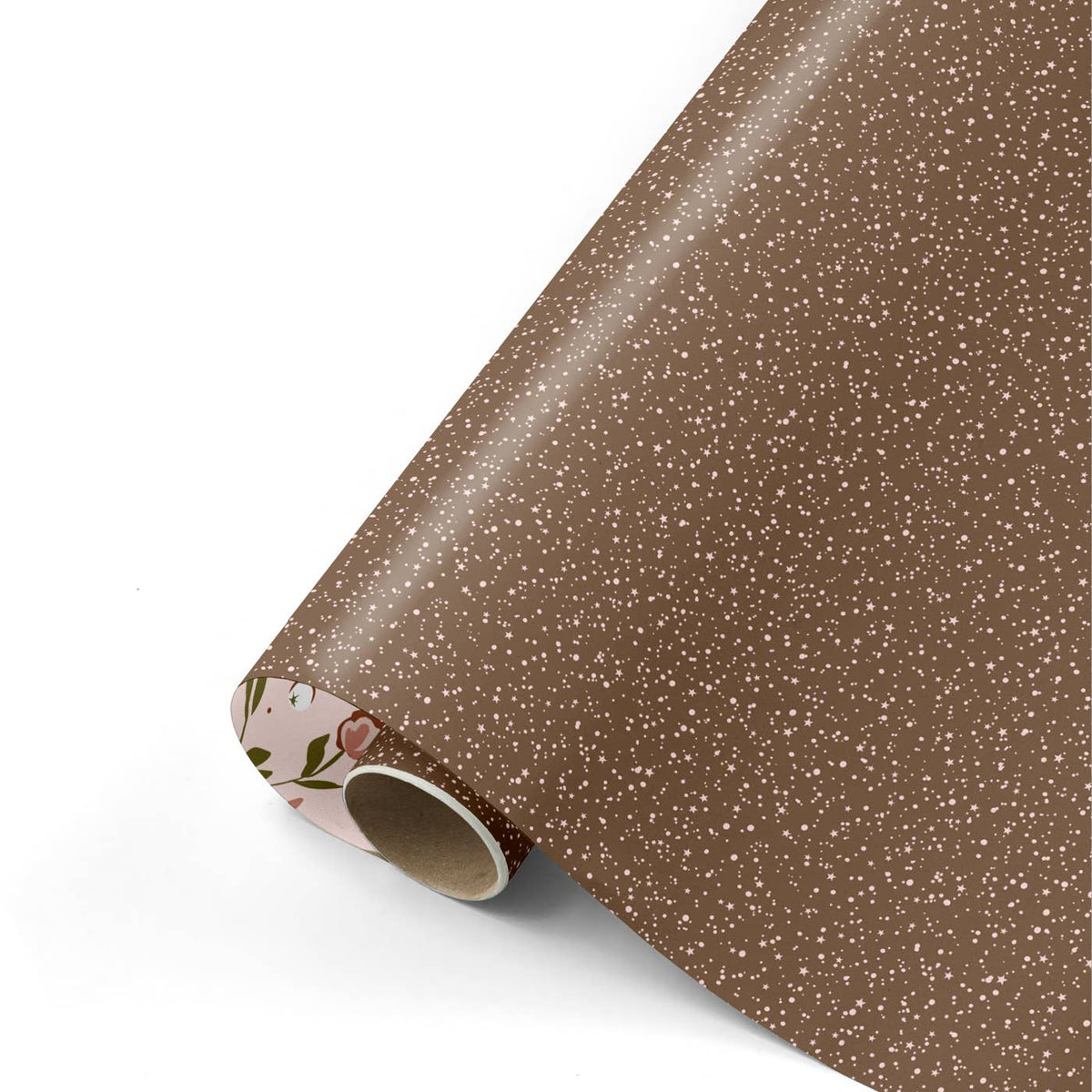 Dunkelbraunes Geschenkpapier mit kleinen rosa Sternen.