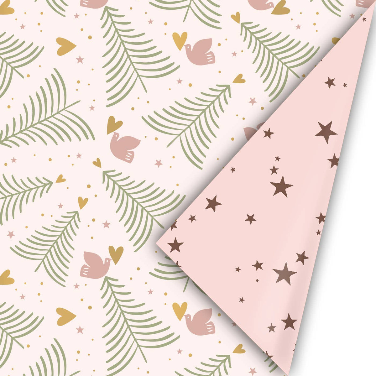 Weihnachtliches Geschenkpapier mit Tannenbaum, Friedenstaube, Herzen und auf der Rückseite mit Sternen