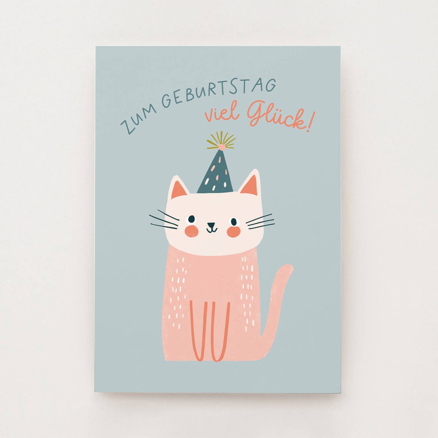 Hellblaue Geburtstagskarte mit rosa Katze und Partyhut