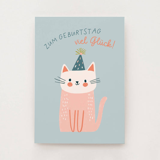 Hellblaue Geburtstagskarte mit rosa Katze und Partyhut