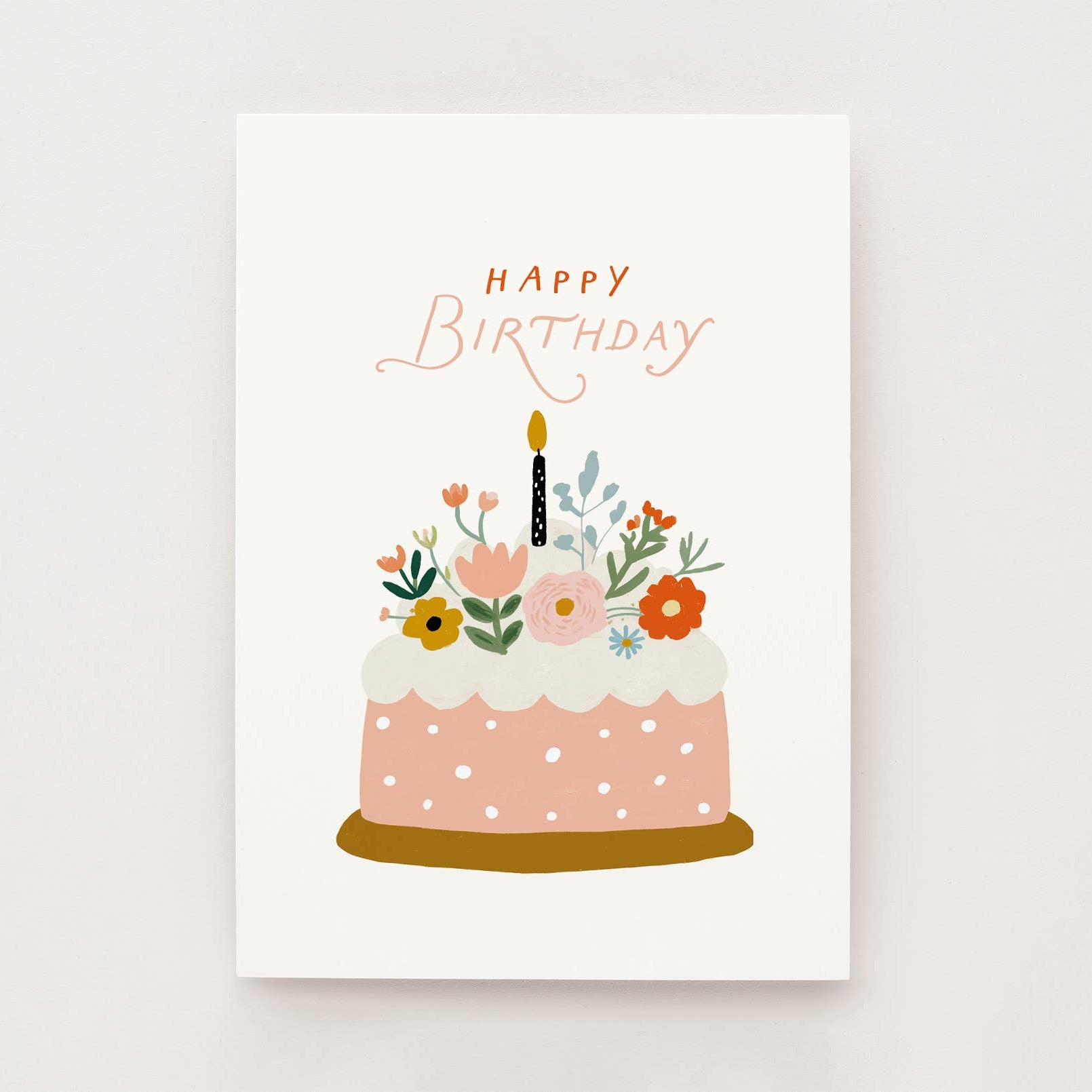 Geburtstagskarte mit Torte und Kerze und Schriftzug Happy Birthday