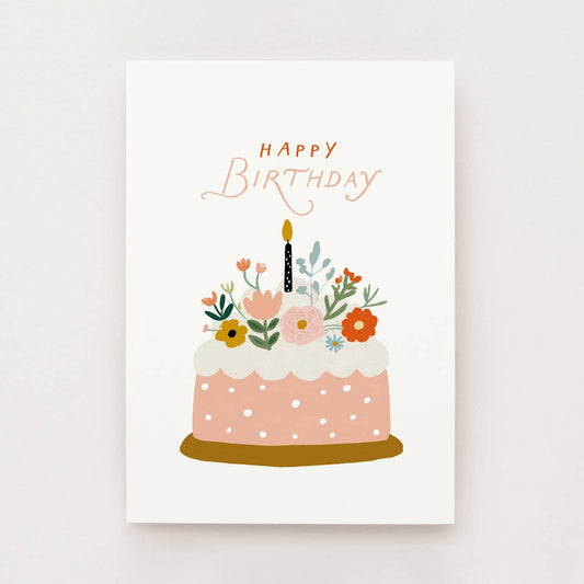 Geburtstagskarte mit Torte und Kerze und Schriftzug Happy Birthday