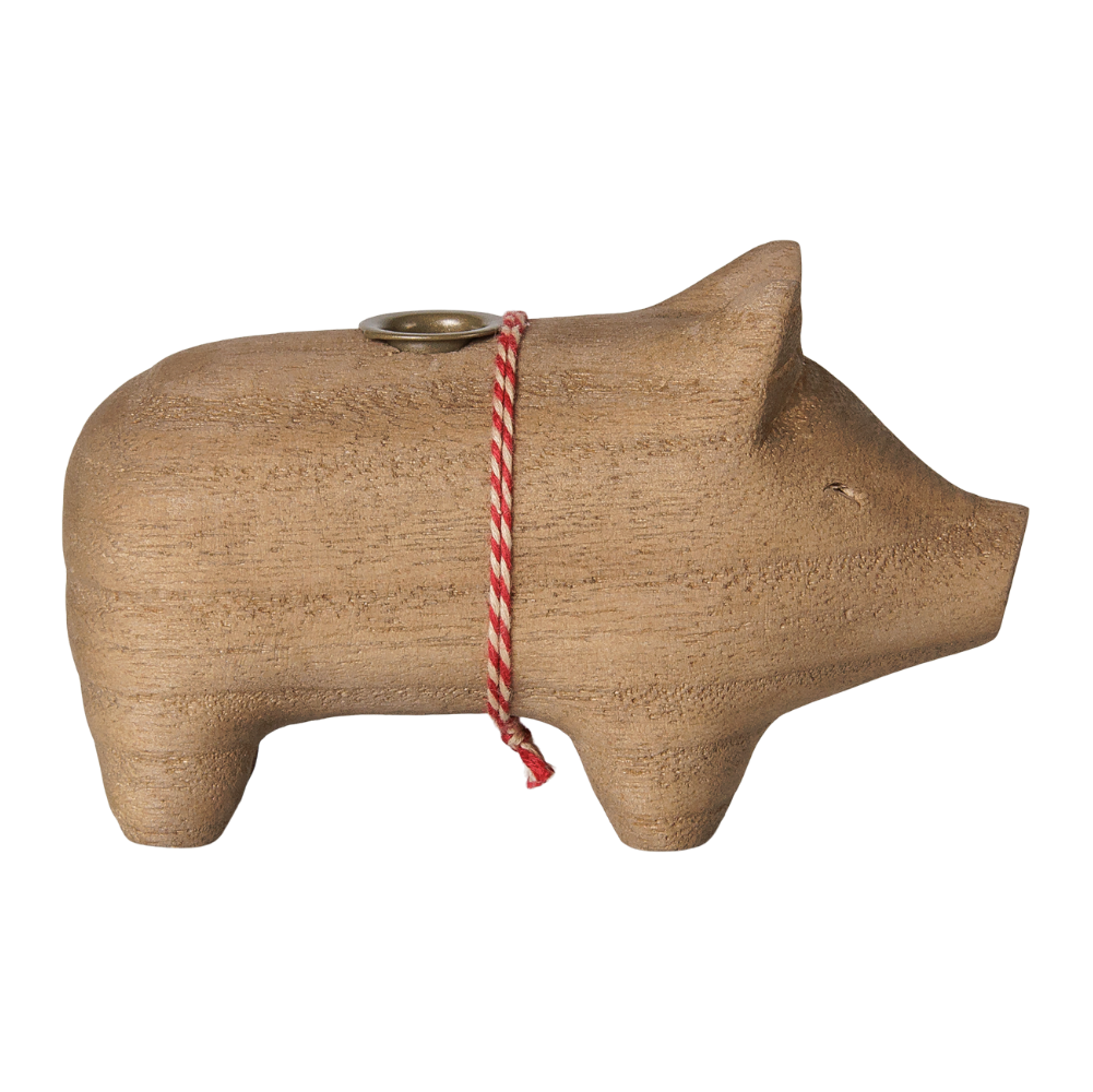 Kleines Holzschwein mit Kerzenhalter und Schleife