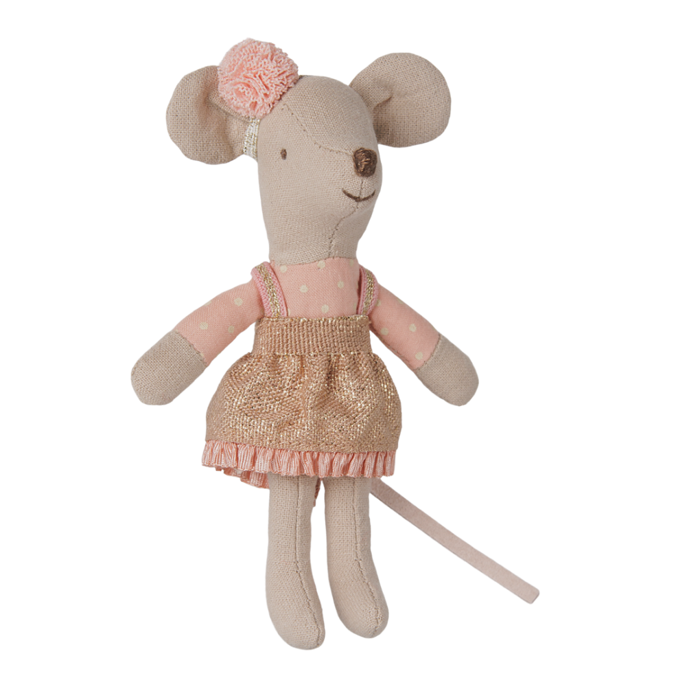 Maus mit goldenem Rock und rosa Schleife