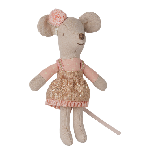 Maus mit goldenem Rock und rosa Schleife