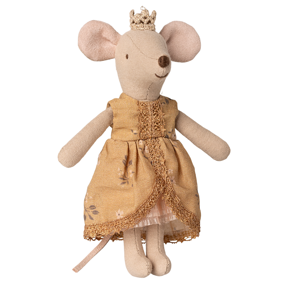 Maileg Maus als Prinzessin mit goldenem Kleid in Schlossturm