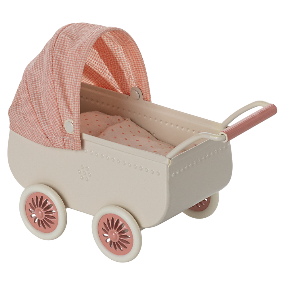 Nostalgischer Miniaturpuppenwagen für die Mäuse von Maileg mit rosa Stoff.