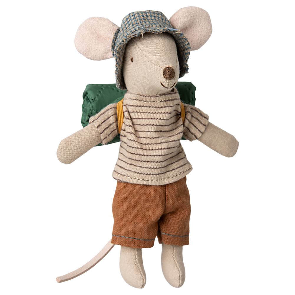 Kleine Wandermaus von Maileg mit Schlafsack auf dem Rücken