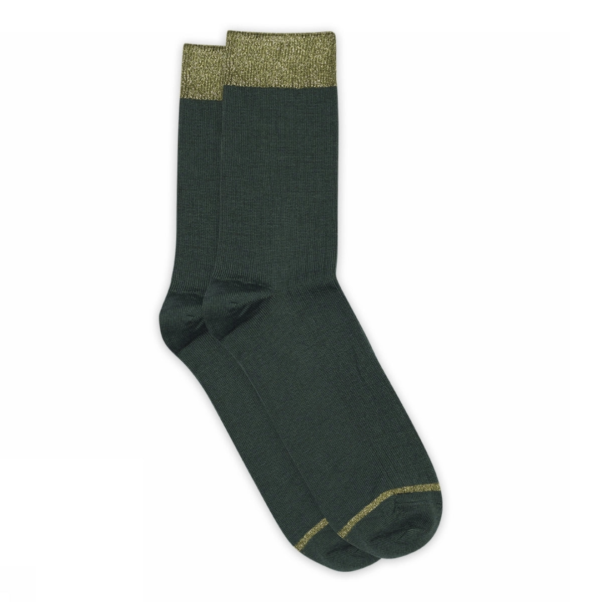 Dunkelgrüne Wollsocken mit Glitzerrand.
