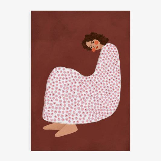 Poster „Zusammengerollte Frau im gepunkteten Kleid“ – Motiv von Bea Müller