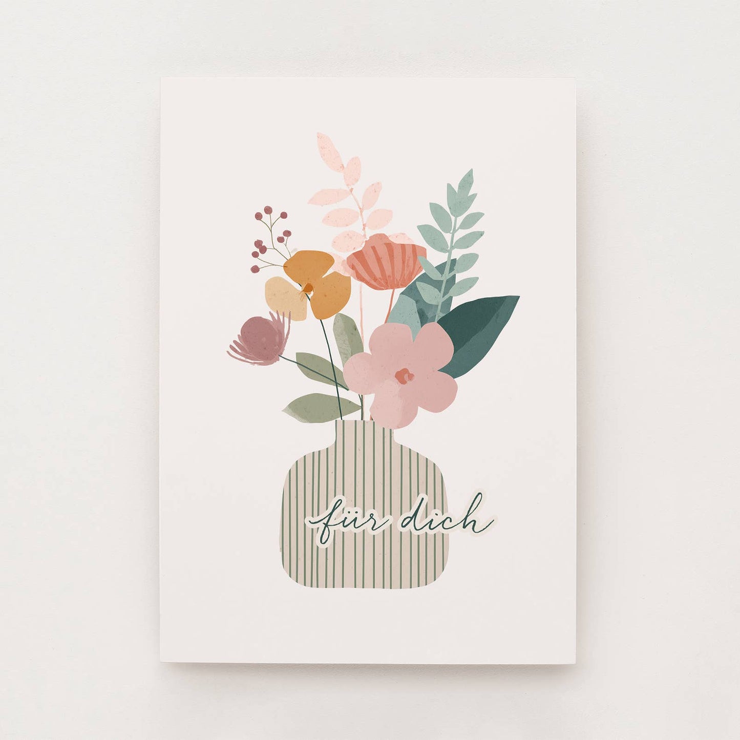 Postkarte mit gestreifter Vase und bunten Blumen mit der Aufschrift "Für dich"
