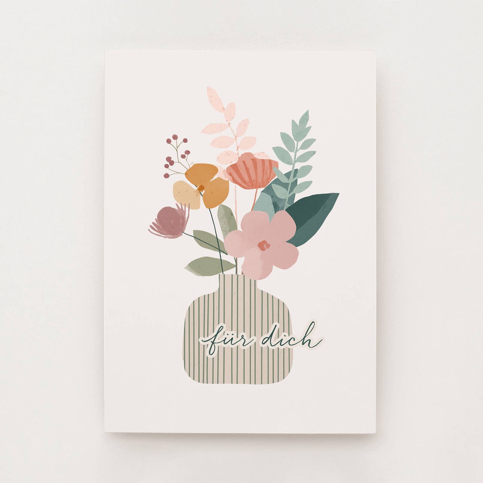 Postkarte mit gestreifter Vase und bunten Blumen mit der Aufschrift "Für dich"