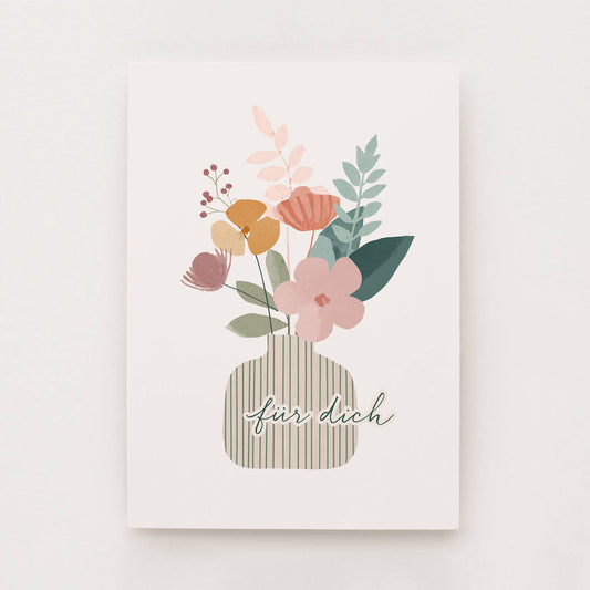 Postkarte mit gestreifter Vase und bunten Blumen mit der Aufschrift "Für dich"